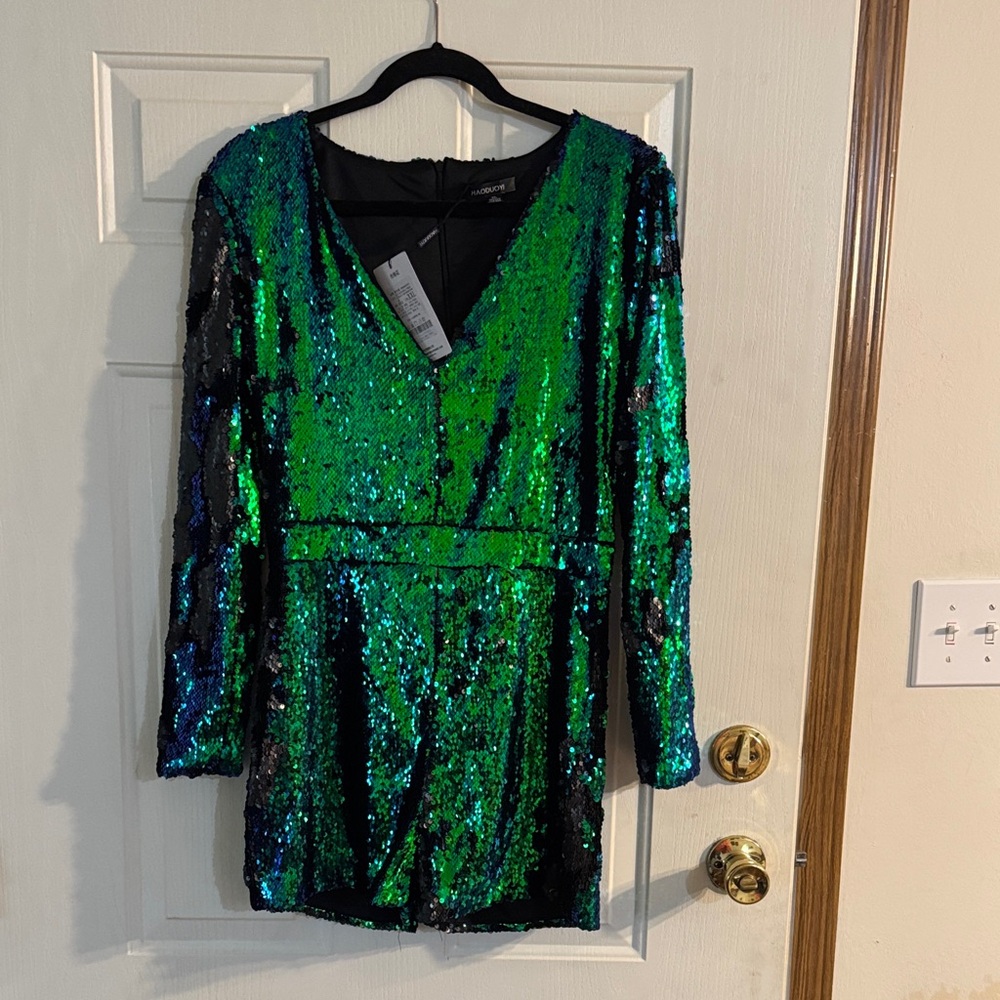 HAODUOYI Green and Black Sequin Jumpsuit